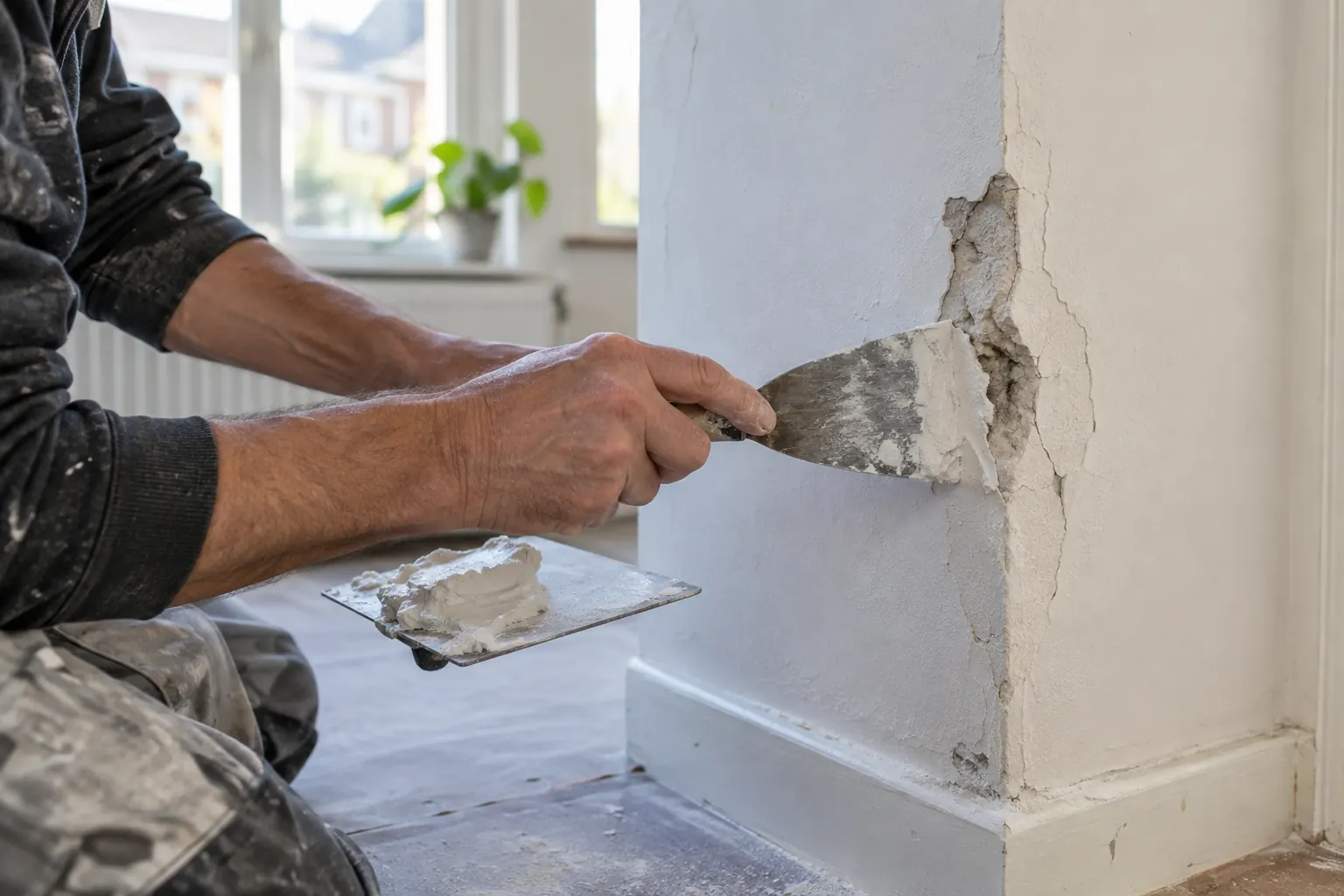 Vakman herstelt een scheur en een beschadigde hoek in een binnenmuur
