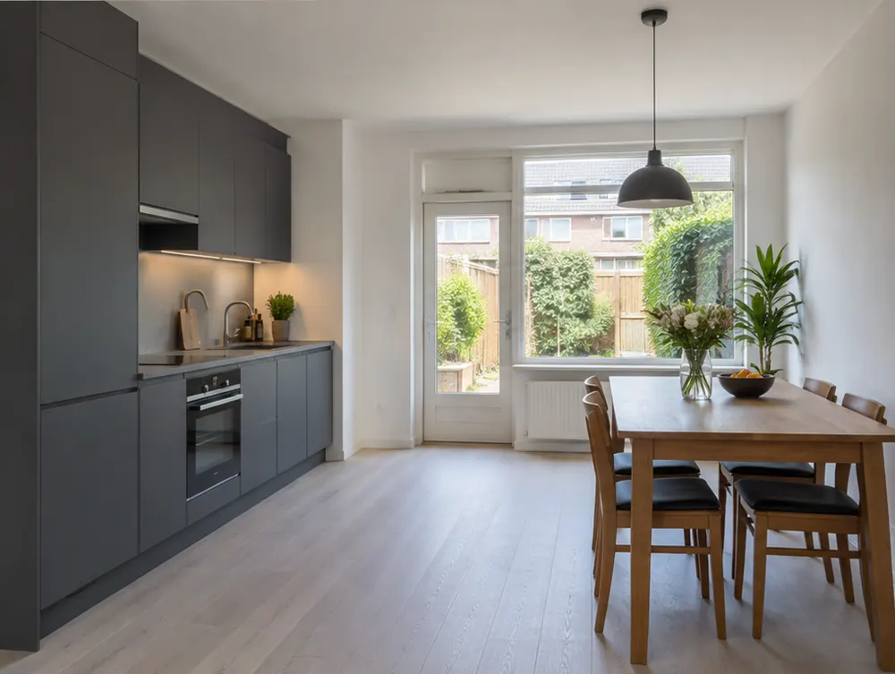 Dezelfde keuken na de renovatie met strakke wanden als sfeerimpressie