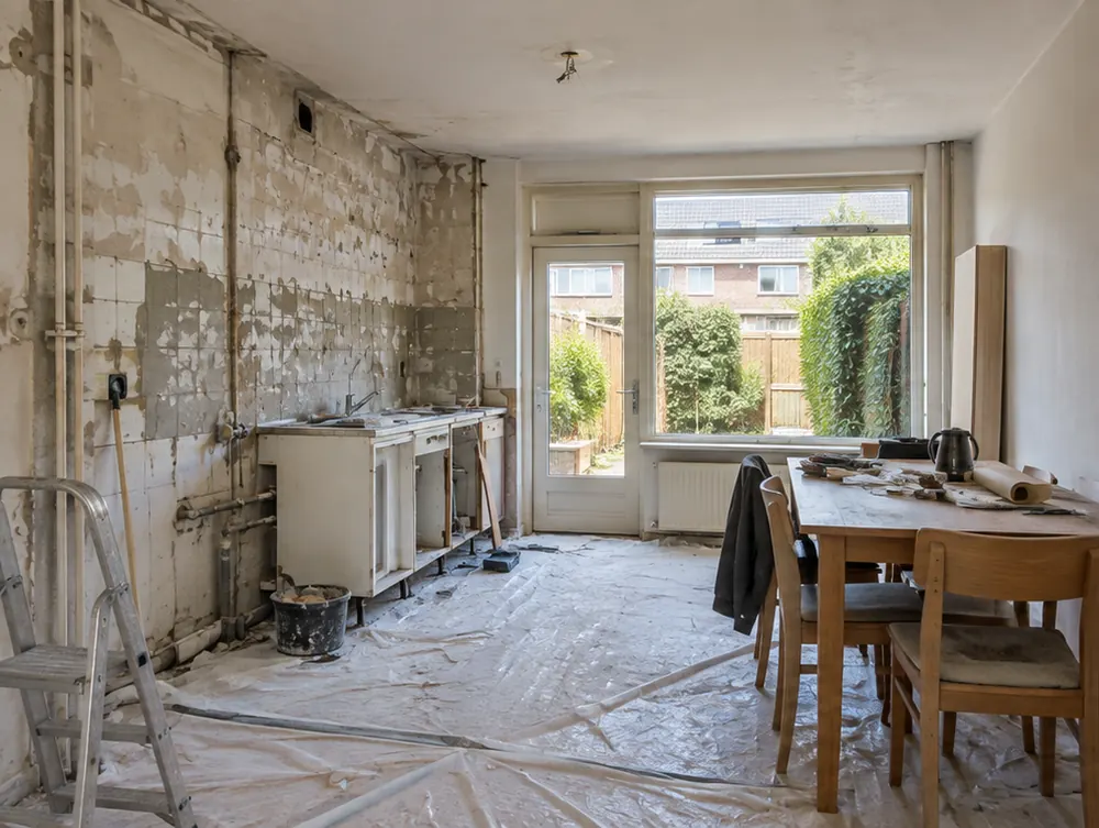Keuken tijdens de renovatie met kale wanden als sfeerimpressie