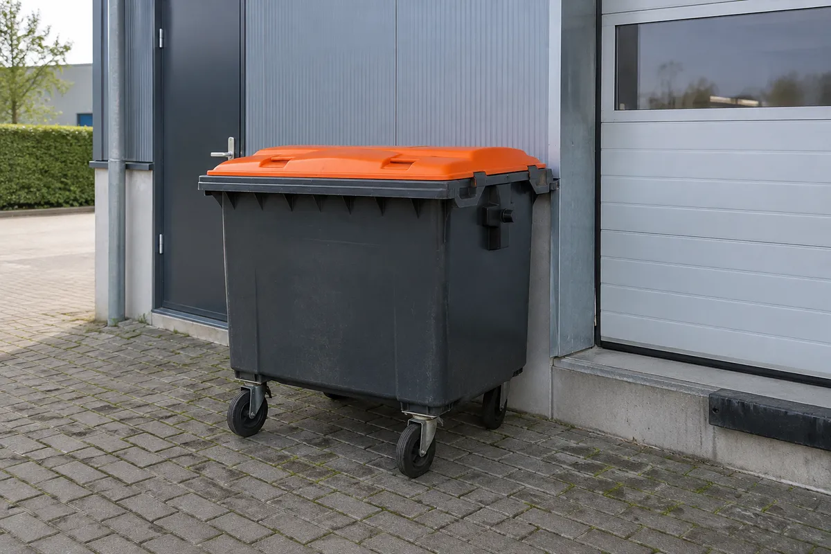 Rolcontainer van 1100 liter met oranje deksel bij de laaddeur van een bedrijfshal