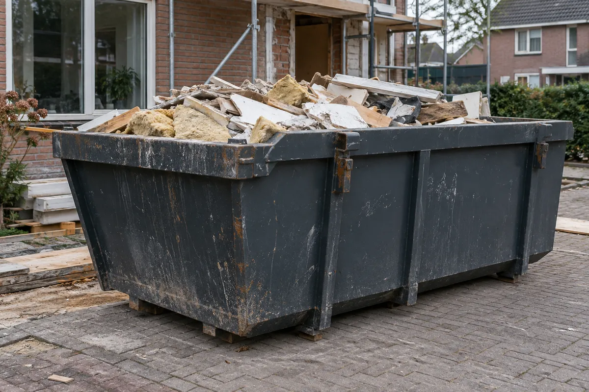 Container met bouw- en sloopafval bij een woning in verbouwing