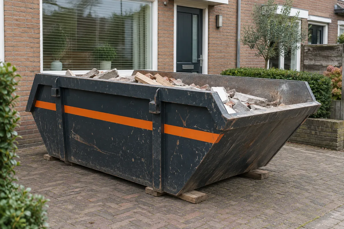 Donkere afvalcontainer met oranje streep op een oprit voor een rijtjeshuis