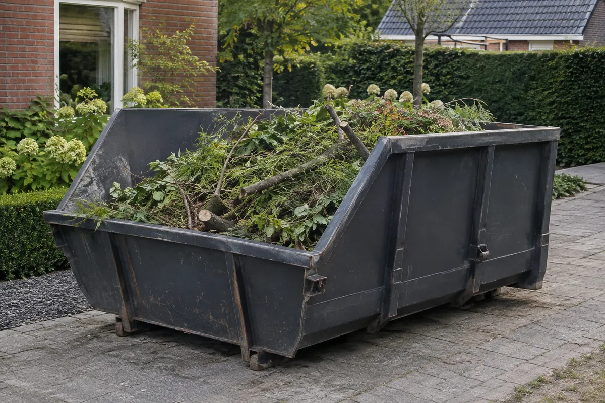 Container met snoeiafval en takken naast een tuin