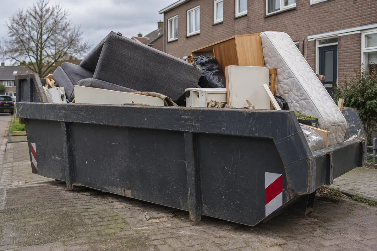 Container met een oude bank, kast en matras bij een ontruiming