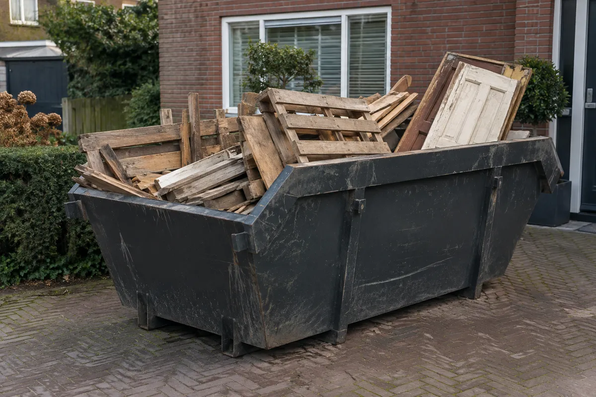 Container met oude planken, pallets en deuren op een oprit