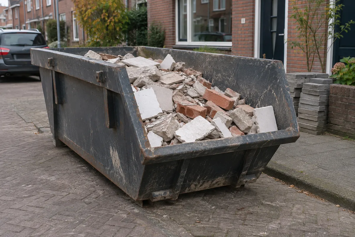 Container met puin, tegels en bakstenen van een badkamersloop