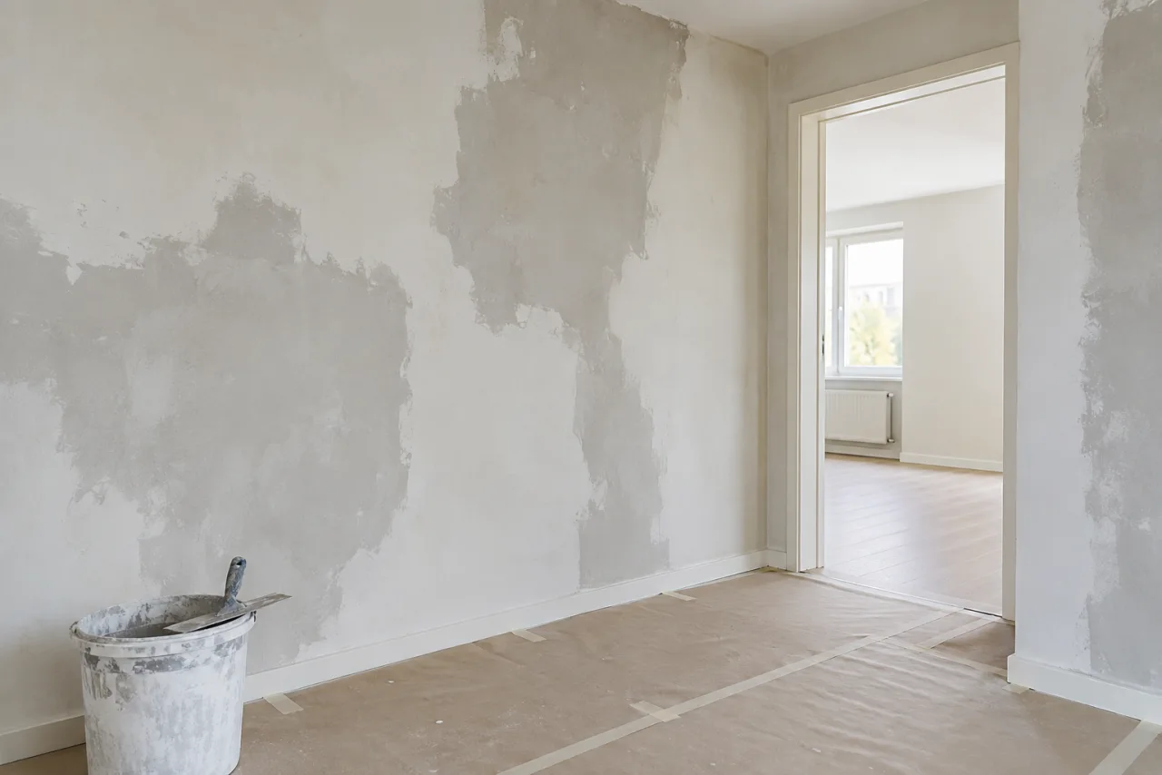 Lichte bestaande ruimte tijdens interieurafbouw met beschermde vloer als sfeerimpressie