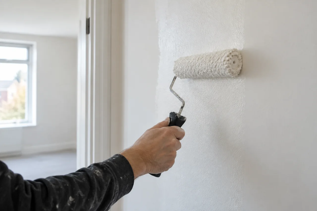 Verfroller op een lichte interieurwand als sfeerimpressie